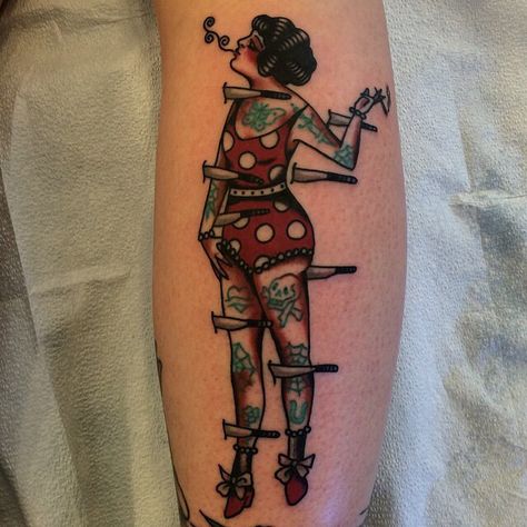 Knife throwing Monster Pinup Tattoo, American Trad Filler, American Traditional Pinup Tattoo, Vintage Pinup Tattoo, Traditional Pinup Tattoo, Emily Tattoo, Traditional Back Tattoo, Circus Tattoo, Mujeres Tattoo