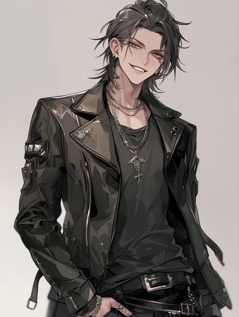 Punk Outfits Men, Au Characters, Black Hair Anime Guy, Rocker Boy, Rock Boys, Punk Boy, Bad Boy Style, Character Styles, Biker Boys