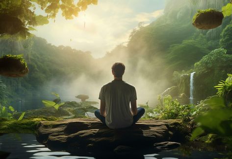 ai generative photo of a man practicing mindfulness and meditation in a peaceful natural environment sony A7s realistic image, ultra hd, high design very detailed Meditation Pictures, Yoga Background, Sony A7s, Meditation Photos, Practicing Mindfulness, Hanuman Hd Wallpaper, Nature Hd, Feeling Pictures, High Design