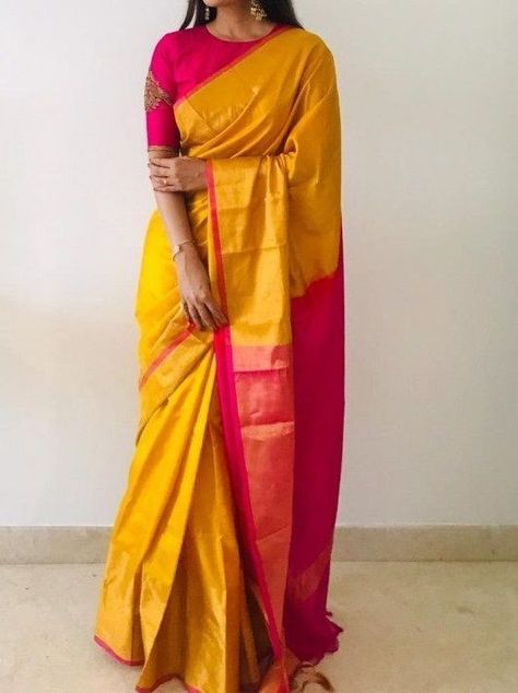 Yellow And Pink Silk Saree, Yellow Saree Pink Blouse Designs, Uppada Saree Blouse Designs, Yellow With Pink Silk Saree, Yellow Kanjivaram Saree Silk, Pink Yellow Saree, Yellow Pink Saree, Yellow And Pink Saree, Yellow Saree Look