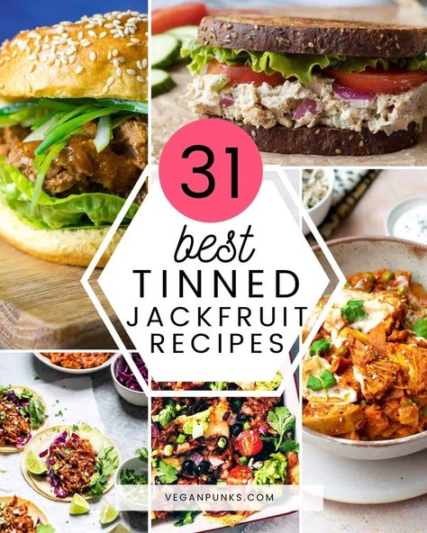 Collage with title '31 best tinned jackfruit recipes' with a collage of jackfruit dishes Canned Jackfruit Recipes, Jackfruit Vegan Recipes, Jackfruit Chicken, Silken Tofu Recipes, Lacto Vegetarian, Jackfruit Burger, Vegan Crab Cakes, Jackfruit Sandwich, Canned Jackfruit