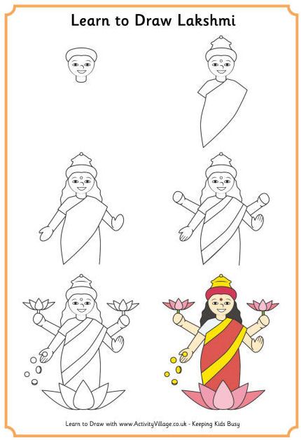 Learn to draw Lakshmi, Hindu goddess of prosperity Diwali For Kids, How To Draw Fireworks, Diwali Drawing, Diwali Card, Fireworks Craft, Ganesha Drawing, Diwali Pictures, Draw And Paint, Drawing Tutorials For Kids