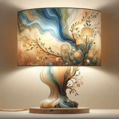 Discover a tranquil blend of blues and ambers in this resin art lamp. Resembling a tree, the lampshade emits warmth like a cozy canopy of leaves. Classic and timeless, it's adorned with delicate florals. #ResinArt #ArtLamp #HomeDecor #InteriorDesign #NatureInspired #ArtisticLamps Resin Light, Art Lamp, Resin Art, Light Fixture, A Tree, Nature Inspired, Nature Inspiration, Light Fixtures, Interior Design