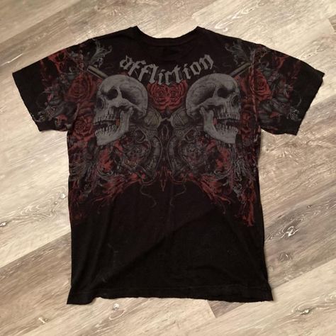 READ BOTTOM crazy double sided graphic affliction t... - Depop Affliction Outfits, Affliction Pants, Affliction Clothing Women, Affliction Design, Affliction Tshirt, Affliction Clothing, Affliction Shirts, Vintage Affliction, Affliction Shirt