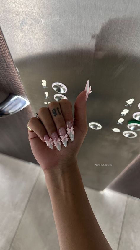 Pink Bow Nails, Nails After Acrylics, Bow Nails, Dope Nail Designs, Classy Acrylic Nails, Exotic Nails, Soft Nails, Bling Acrylic Nails, Gem Nails