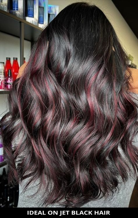 Ask for this marvelous ideal on jet black hair for the ultimate inspiration! See all of the details for this look by tapping Visit and you'll also see the remaining 15 most stylish black hair with red highlights for a spectacular new style. // Photo Credit: @hair.by.laura.wojcik on Instagram Light Red Highlights In Black Hair, Red Highlight On Black Hair, Burgundy Lowlights In Black Hair, Black With Dark Red Highlights, Dark Brown And Red Hair Highlights, Merlot Highlights On Dark Hair, Partial Red Highlights In Brown Hair, Black With Burgundy Highlights, Red Partial Highlights