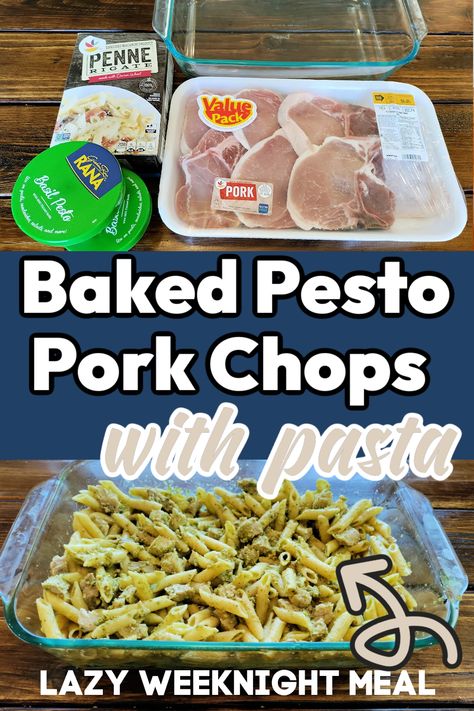 You only need 3 ingredients and a few minutes of prep time to make this baked pesto pork chops and pasta recipe. When I am feeling lazy or rushed to fix dinner, this is one of my go-to meals. Pork And Pesto Recipes, Pesto Pork Chops Baked, Creamy Pesto Pork Chops, Pasta With Pork Chops, Pork Chop And Pasta, Pork Chop Pasta, Pesto Pork Chops, Pork Pasta, Pesto Pasta Recipes