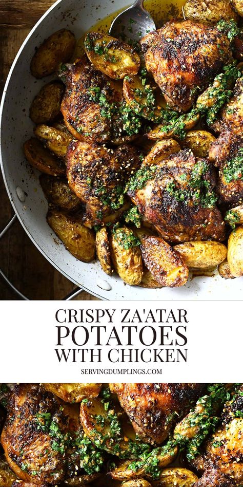 Crispy Za'atar Potatoes with Chicken - Serving Dumplings Zaatar Chicken And Rice, Zatar Recipes Food, Za’tar Chicken, Zaatar Recipe Chicken, Za’atar Chicken, Zaatar Chicken Thighs, Zatar Chicken Recipes, Zaatar Recipe Dinners, Romanian Recipes In English