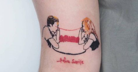 Before Sunrise Tattoo, Before Sunrise Movie, Sunrise Tattoo, Sharpie Drawings, Movie Tattoo, Movie Tattoos, Before Sunrise, Print Tattoos, Paw Print Tattoo