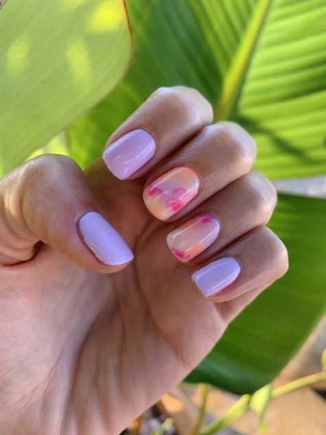 Pink-Purple-Orange Watercolor Nails Pink Orange Floral Nails, Lilac And Coral Nails, Peach Purple Nails, Coral And Lavender Nails, Peach And Lilac Nails, Orange Pink And Purple Nails, Short Tie Dye Nails, Purple And Orange Nails Summer, Pink And Purple Summer Nails