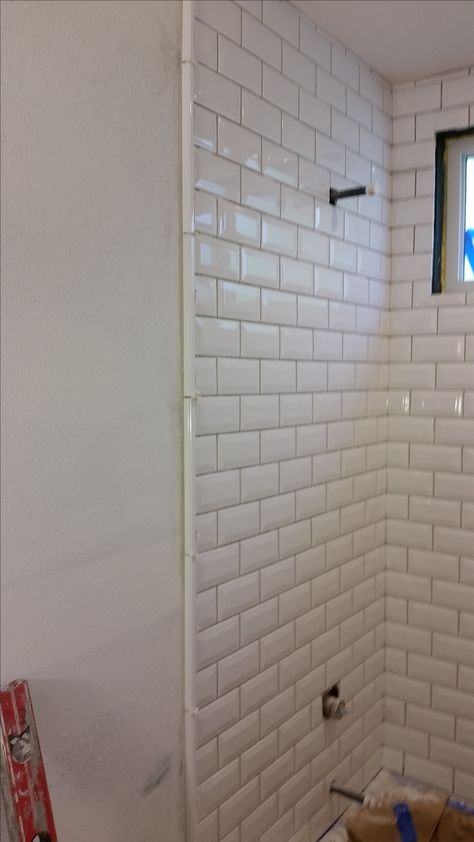 **Needed to get an edging for the tile, opted for this white tile edge - shower still being grouted and finished** Living Room Hardwood Floors, Tile Edge Trim, Travertine Floor Tile, Beveled Subway Tile, Subway Tiles Bathroom, Bullnose Tile, Tile Edge, Diy Shower, Wall Trim