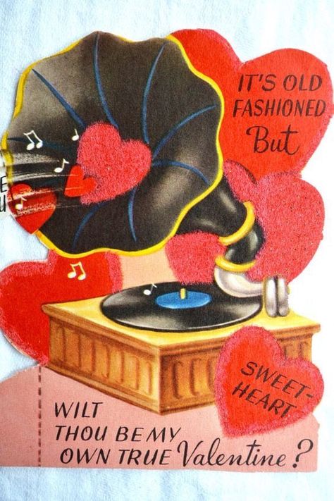 Old Fashioned Record Player, Vintage Valentines Decorations, Gramophone Record, Valentine Decoration, Valentine Poster, Vintage Valentine Cards, Valentines Greetings, Retro Valentines, Vintage Valentine