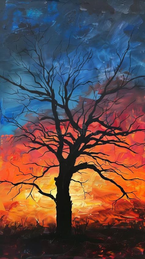 Silhouette of bare tree against colorful sunset painting stock images Tree Silhouette Painting, Fall Silhouette, Evening Painting, Colorful Sunset, Silhouette Painting, Bare Tree, Gourd Art, Tree Silhouette, Sunset Painting