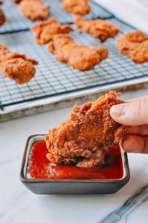 Korean Fried Chicken Tenders, by thewoksoflife.com Buttermilk Fried Chicken Tenders, Gochujang Recipe, Woks Of Life, The Woks Of Life, Fried Chicken Tenders, Baked Chicken Tenders, Buttermilk Fried Chicken, Korean Fried Chicken, Korean Dishes