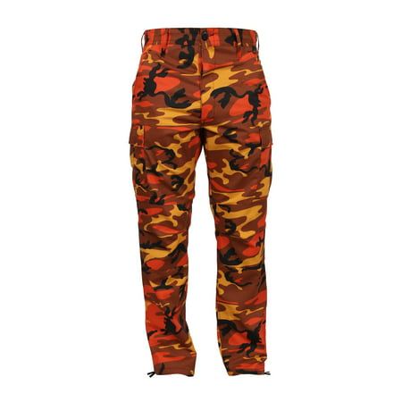 Rothcos Camo BDU Pants are made for comfort and built for combat. In the street or the field, Rothcos woven camo BDU pants are designed to withstand the wear and tear with double stitched seams. The camouflage pants feature combat-tested reinforced seat and knees for unparalleled resiliency. Modeled after the U.S. militarys standard-issue battle dress uniform (BDU), the camo pants include 6 versatile pockets, including two front slash pockets, two large button down pleated bellow cargo pockets, Orange Camo Pants, Bdu Pants, Yellow Camo, Camo And Red, Battle Dress, Red Camo, Orange Camo, Camouflage Pants, Military Camouflage