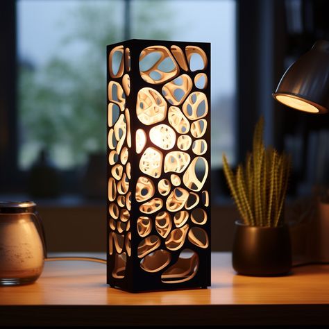 This cellular cuboid skeleton desk lamp was designed by AI Artificial Intelligence. See more mind-blowing 3D printed decor at Esomesh Studio. 3d Printed Lamp, Desktop Lamp, Lamp Inspiration, Mind Blown, Lighting Solutions, Lamp Design, Desk Lamp, Innovation Design, 3d Printing