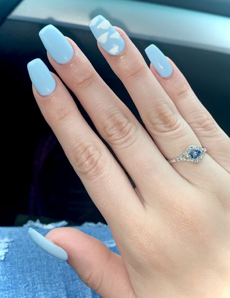 French Nails With Clouds, Soft Blue Nails Acrylic Almond, Nails Design Clouds, White Nails With Clouds, Sky Blue Nails With Clouds, Light Blue Nails With Clouds, Blue Nails With Cloud Design, Cloud Nail Ideas, Light Blue Checkered Nails