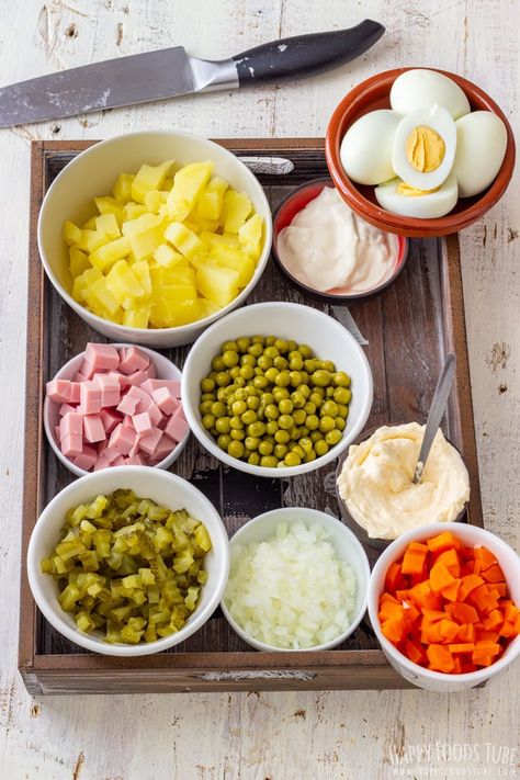 Ingredients for Creamy Potato and Ham Salad Russian Salads, Ham Salad Recipe, Olivier Salad, Ham Salad Recipes, Carrot Cream, Ham Salad, Creamy Potato, Happy Foods, Year 2024