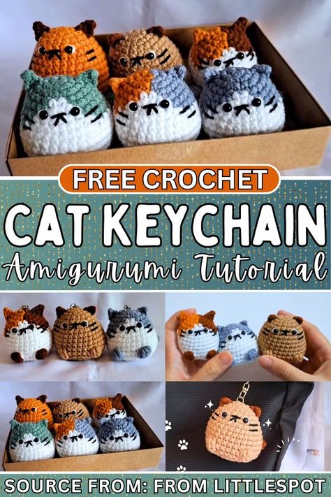 How to Crochet Chubby Cat Keychain for Kids - All Amigurumi Small Crochet Cat Pattern, Crochet Cat For Beginners, Cat Crochet Keychain Pattern, Small Crochet Cat Free Pattern, Small Cat Crochet Pattern Free, Cat Keychain Crochet Free Pattern, Small Keychain Crochet, Crochet Cat Toys Free Pattern Easy, Crochet Cat Keychain