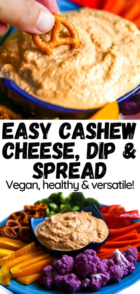 A pin for Easy Cashew Cheese, Dip & Spread. The top photo shows a close up of a pretzel being dipped in it. The bottom photo shows a platter of vegetables and pretzel surrounding a bowl of the dip. Cashew Cheese Recipe, Cashew Dip, Vegan Spreads, Vegan Sauce Recipes, Vegan Cashew Cheese, Cucumber Sauce, Vegan Spread, Deep Pantry, Vegan Sauce