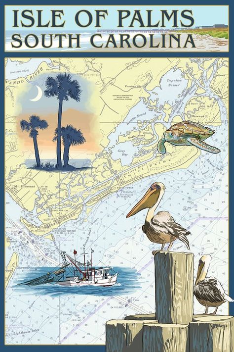 Isle of Palms, South Carolina - Nautical Chart (Art Prints, Wood & Metal Signs, Canvas, Tote Bag, To Isle Of Palms South Carolina, South Carolina Art, Wood Postcard, Isle Of Palms, Nautical Chart, Retro Travel Poster, Big Canvas Art, Paper Stock, Canvas Print Wall