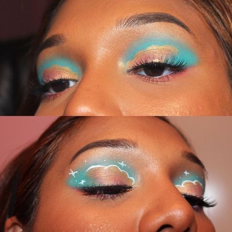 Carebear Makeup Halloween, Cool Eyeshadow Looks Creative, Cloud Eyeliner, Cloud Eye Makeup, Cloud Eyeshadow, Fun Eyeshadow Looks, Colorful Eye Makeup Tutorial, Cloud Makeup, Golden Eye Makeup