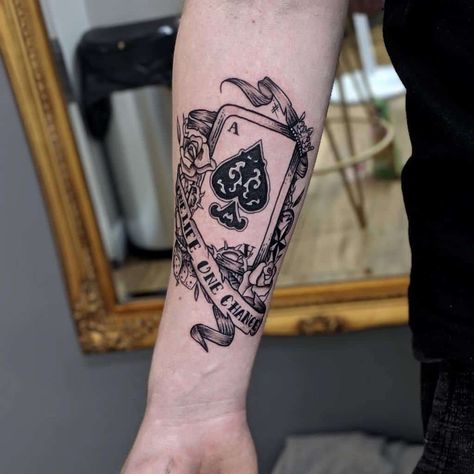 Blackwork Ace Of Spades Tattoo Kyleballingerr Tattoo Design Tattoo, Pocket Aces Tattoo, Card Suite Tattoo, Ace And King Tattoo, Poker Cards Tattoo, Wild Card Tattoo Ideas, Ace Of Diamonds Tattoo, Ace Of Spades Tattoo Men, King Of Spades Tattoo