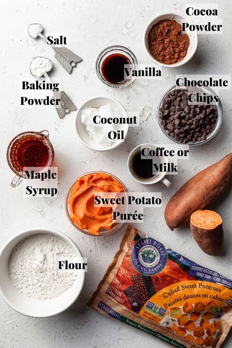 A white counter with labelled and measured ingredients in small clear glass bowls for making vegan sweet potato brownies. Fudgy Sweet Potato Brownies, Sweet Potato Brownies Nut Free, Whole Food Sweet Treats, Healthy Sweet Potato Dessert, Vegan Sweet Potato Brownies, Desserts Without Eggs, Sweet Potato Peanut Butter, Brownies Healthy, Sweet Potato Cookies