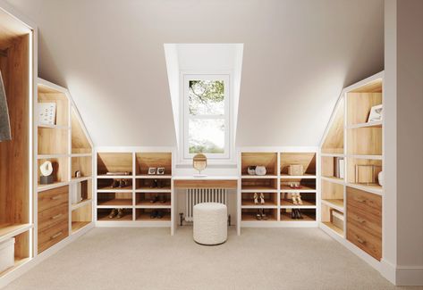 Fitted under eaves wardrobe storage space, built in eaves cupboards London Dressing Room Eaves, Attic Walk In Closet, Loft Conversion Dressing Room, Loft Conversion Wardrobes, Attic Bedroom Closets, Wardrobe Behind Bed, Loft Wardrobe, Under Eaves Storage, Attic Bedroom Storage