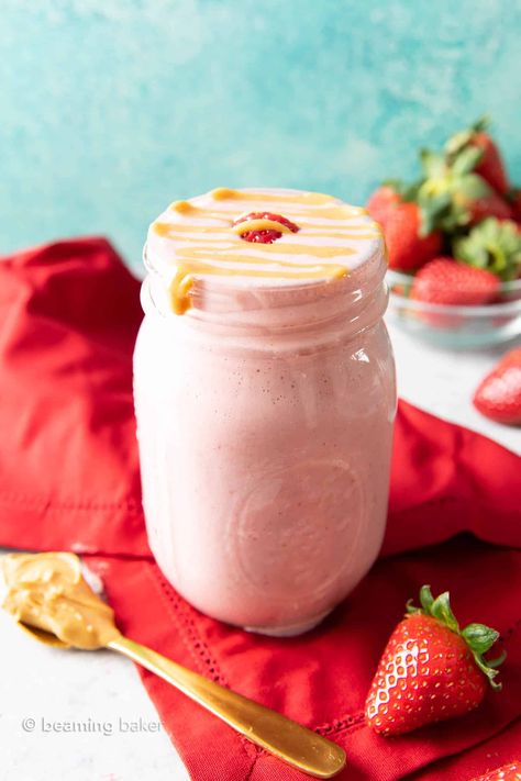 Strawberry Peanut Butter Protein Shake Recipe - Beaming Baker Easy Vegan Protein, Strawberry Protein Shake, Easy Protein Shakes, Protein Shake Ingredients, Peanut Butter Protein Shake, Vegan Protein Smoothie, Protein Shake Recipe, Vegan Protein Shake, Best Protein Shakes