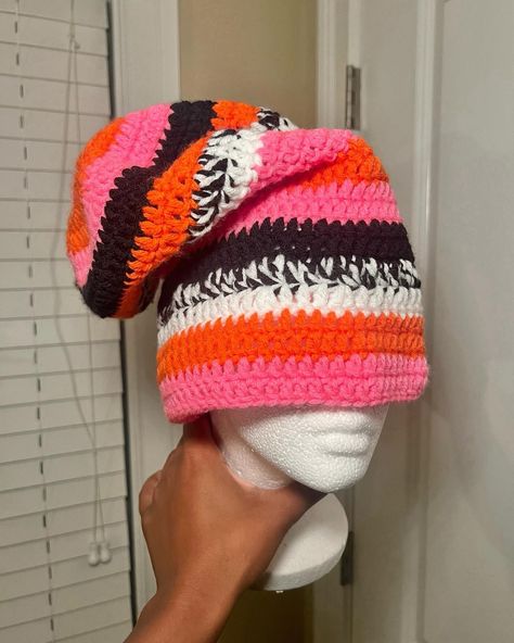 First slouchy beanie! 🤩 Order your custom by DM’ing me or pressing the “Contact” button in bio! 🩷🧡🖤 Follow @kendalltaidesign for more. #crochet #crochetbeanie #crochethat #crochetslouchybeanie #crochetinspo #crochetinspiration #crochetersofinstagram Crochet Slouchy Hat Free Pattern Woman Slouch Beanie, Slouchy Crochet Beanie, Crochet Girlies, Crochet Slouchy Hat Free Pattern, Granny Square Beanie, Crocheted Outfits, Bob Crochet, Crochet Slouch Beanie, Crochet Slouchy Beanie