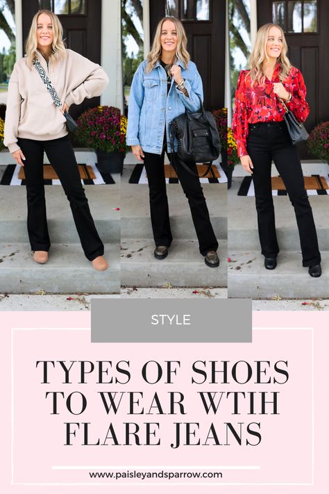 3 Types of Shoes to Wear With Flare Jeans - Paisley & Sparrow Flare Jean Shoes, Shoes Flared Pants, Flares And Sneakers Outfit, What Shoes To Wear With Flared Jeans, Flare Jeans With Shoes, Chelsea Boots Flared Pants, How To Wear Black Flare Jeans, Loafers And Flare Jeans, Flats With Flare Jeans