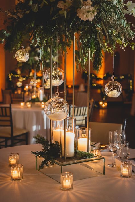 Hanging Lights Centerpiece, Indoor Nature Wedding Decor, Lights And Candles Wedding Decor, Hanging Orbs Wedding, Green Table Centerpieces Wedding, Branch Centerpieces Wedding Winter, Glass Orbs Wedding, Nature Centerpieces Wedding, Minimalistic Greenery Wedding