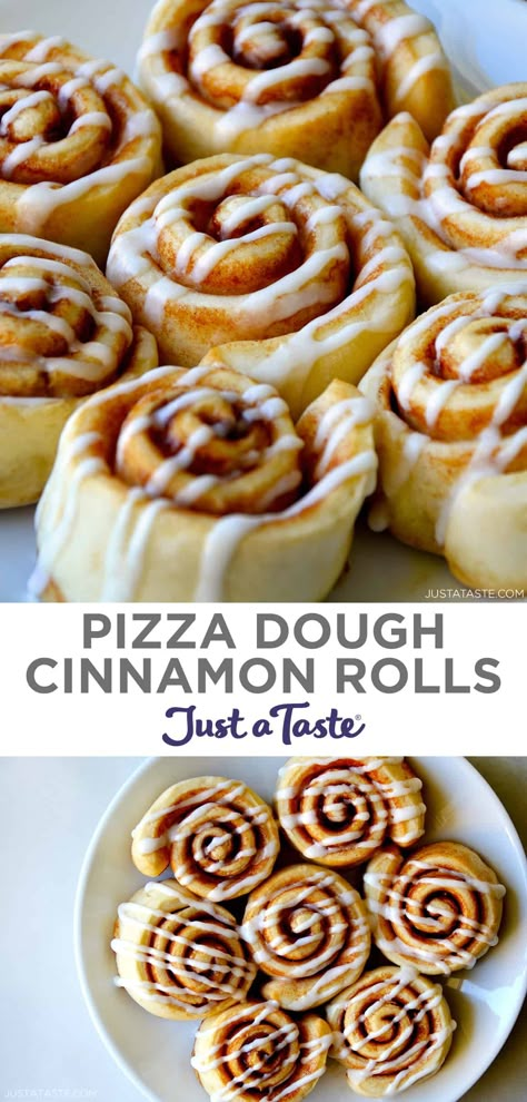 Pizza Dough Cinnamon Rolls are light and fluffy and will be on your breakfast table in 35 minutes or less! #justatasterecipes Desserts With Pizza Crust, Cinnamon Roll With Pizza Dough, Breakfast Pizza Dough Recipe, Recipes Using Pizza Dough Dessert, Breakfast Recipes With Pizza Dough, Cinnamon Rolls From Canned Pizza Dough, Pizza Roll Recipe Easy, Recipes Using Pillsbury Pizza Crust Dough, Cinnamon Roll Pizza Dough