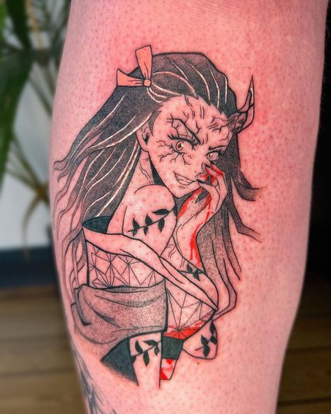 Nezuko Leaf Tattoo, Nezuko Demon Tattoo, Nezuko Demon Form Tattoo, Nezuko Tattoo Leaves, Nezuko Leg Tattoo, Demon Slayer Nezuko Tattoo, Nezuko Tattoo Design, Anime Tattoos Nezuko, Nezuko Tattoo Design Color