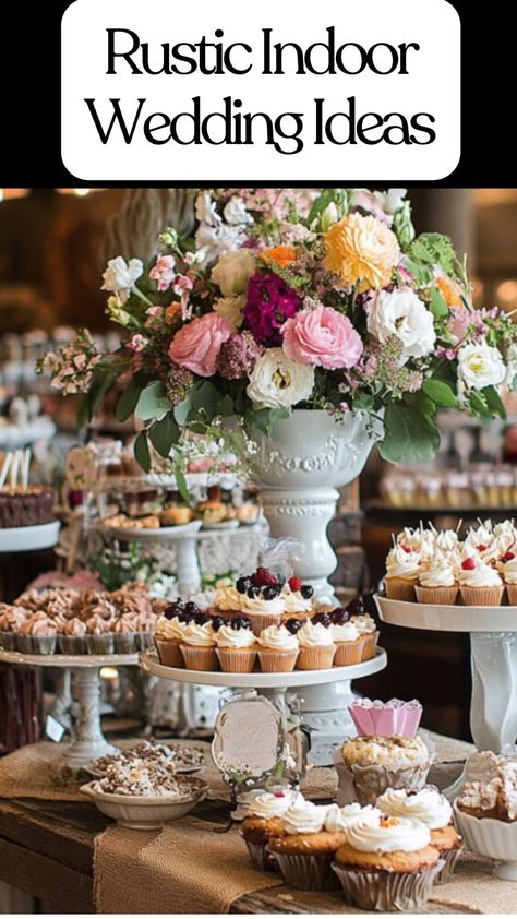 Rustic indoor wedding dessert station with wooden barrels, lace runner, and vintage cake stands decorated with flowers and chalkboard signs. Romantic Vintage Wedding Decorations, Rustic Wedding Cake And Cupcakes, Barn Reception Decorations, Small Wedding Reception Ideas, Western Wedding Centerpieces, Rustic Wedding Decor Ideas, Casual Wedding Reception, Vintage Dessert Tables, Elegant Rustic Wedding