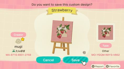 Acnh codes Acnh Strawberry Shortcake Design, Acnh Patchwork Design, Acnh Strawberry Design Code, Acnh Peach Designs, Animal Crossing Strawberry Design, Acnh Fruit Codes, Acnh Table Cloth Design, Acnh Strawberry Code, Acnh Strawberry Farm