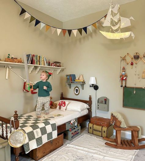 Antique Kids Room, Woodsy Playroom, Peter Pan Room, Kids Room Aesthetic, Peter Pan Bedroom, Vintage Playroom, Vintage Boys Room, Cottage Nursery, Peter Pan Nursery