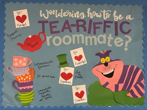 Alice In Wonderland Bulletin Board Ideas, Alice In Wonderland Bulletin Board, Healthy Relationships Bulletin Board, Inclusivity Bulletin Board Ra, Elementary School Office, Alice In Wonderland Ra Board, Disney Themed Reading Bulletin Board, Ra Bulletin Boards Meet Your Ra, Roommate Bulletin Board Ra