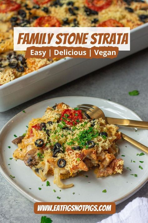 Inspired by one of my favorite Christmas movies, this Morton Family Strata is the PERFECT make-ahead breakfast! Layered with sautéed mushrooms, fresh tomatoes, meaty olives, and two types of vegan cheese in a savory custard, this dish is truly worthy of a place on your annual holiday breakfast menu! Easy | Delicious | Vegan Vegan Strata, Savory Custard, Strata Recipe, Types Of Vegans, Strata Recipes, Family Stone, Sautéed Mushrooms, Vegan Mozzarella, The Family Stone