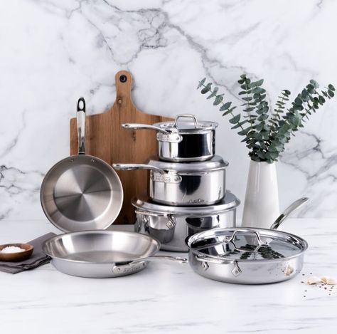 10 Piece Pots and Pans Set - D3 Everyday Stainless | All-Clad Stainless Steel Pots And Pans, Nonstick Pans, Hard Water Spots, Sandwich Sides, Oven Cleaner, Stainless Steel Pans, Copper Cookware, Stainless Steel Pot, Pots And Pans Sets