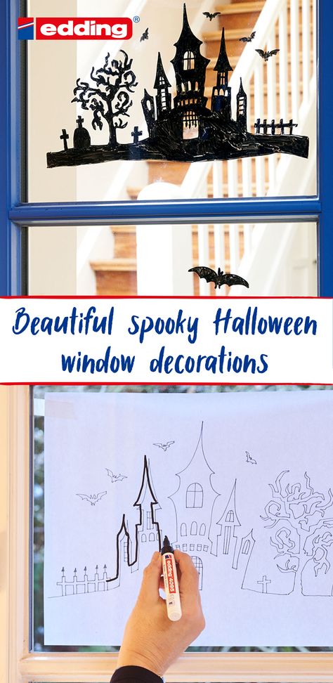 Along with pumpkin displays, ghostly ghouls and spiders’ webs, this haunted house window decoration is a must for your home at Halloween. You could put it on your front door, for example, and get your visitors in the mood for some scary fun as soon as they arrive. Or put it on the windows of your kids’ bedrooms – they’ll love having this fantastic picture which they can add to by drawing little bats and ghosts for extra excitement. Halloween Window Chalk Art, Halloween Window Drawing, Halloween Window Painting Ideas, Make A Haunted House, Halloween Window Art, Halloween Windows, Spooky Craft, Feature Window, Spiders Webs