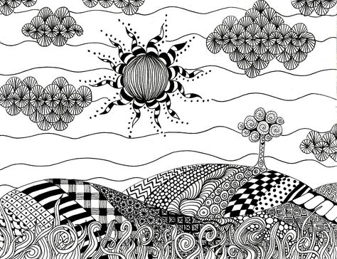 Zentangle Fun with Jenny of Embellish Yourself Tangled Drawings, Landscape Art Lessons, Zen Landscape, Tangle Doodle, Zentangle Designs, Palette Art, Doodle Inspiration, Tangle Art, Tangle Patterns