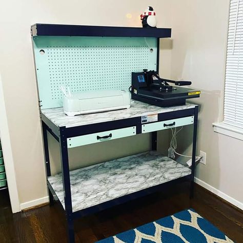 Heat Press Desk Ideas, Cricut Setup Room Ideas Diy, Sublimation Craft Room Setup, Cricut And Heat Press Work Station, Sublimation Office Ideas, Mobile Craft Station, Sublimation Work Station, Sublimation Room Setup, Heat Press Table Ideas