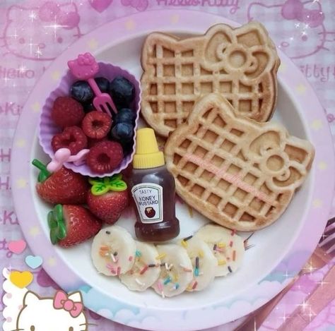 it’s okay girlies everyone wakes up at 3pm sometimes 🎀🤭💗🌸🫧 hope you’re recharging 🎀 Hello Kitty Waffles, Ageregre Food, Hello Kitty Breakfast, Hello Kitty Food, Boca Recipe, Shaped Pancakes, Kitty Cafe, Kawaii Cooking, Cute Baking