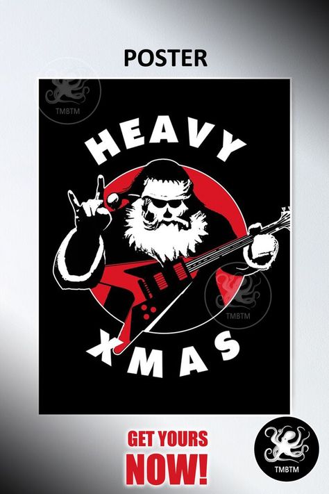 Poster | Heavy Metal Xmas. Santa claus playing guitar and making the heavy metal sign of the horns. Have a heavy christmas with this cool graphic design representing a guitar player Santa Claus. For metalheads and heavy metal fans. Follow @TMBTMDesign for more posters and wall art decoration ideas. Wall Art Decoration Ideas, Heavy Metal Christmas, Art Decoration Ideas, Cool Graphic Design, Metal Fan, Graphic Design Poster, Guitar Player, Xmas Cards, Playing Guitar