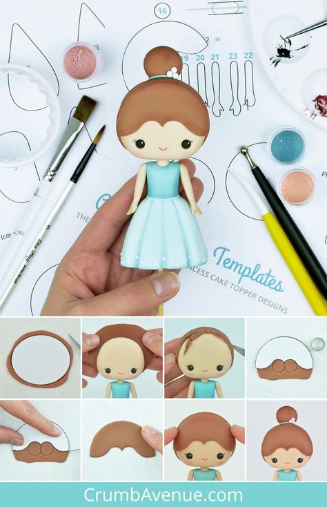 Fondant People Step By Step, Fondant Figures Tutorial People, Fondant People Tutorial, Fondant Princess, Fondant Hair, Kawaii Figurine, Fondant Girl, Princess Cake Topper, Fondant People