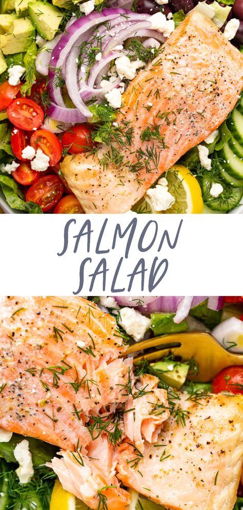 This salmon salad is incredibly nutritious and loaded with flavor! Baked salmon filets are placed atop a bed of fresh greens, herbs, and veggies then topped off with a tangy dressing. Prep this salmon salad ahead of a busy week for a quick, healthy, and delicious lunch option. Salmon Recipes With Salad, Salmon For Salad, Salads With Salmon Ideas, Summer Salmon Salad, Salad With Salmon On Top, Salad Recipes With Salmon, Salmon On Salad, Baked Salmon Salad, Salmon Lettuce Salad