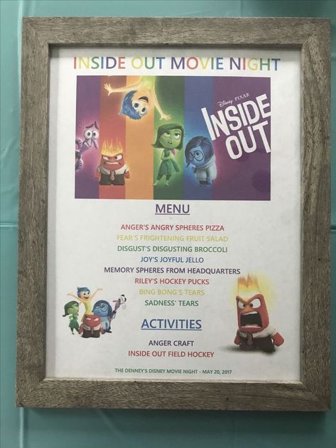 Inside Out Menu - Inside Out Movie Night - Disney Movie Night - Family Movie Night Disney Movie Night Ideas, Inside Out Movie Night, Disney Dinner And Movie Night, Movie Meals, Disney Nights, Disney Movie Night Menu, Themed Meals, Disney Themed Movie Night, Disney Movie Night Food