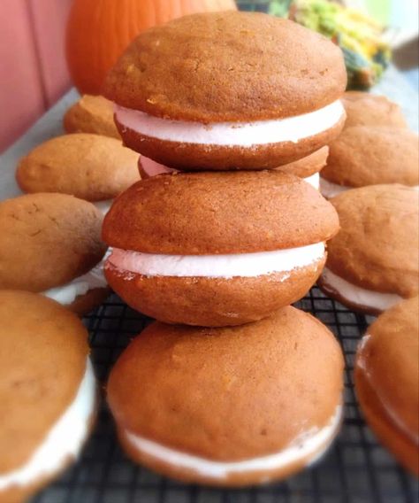 Amish Pumpkin Whoopie Pies Recipe - Amish Heritage Pumpkin Custard Pie Recipe, Amish Pie, Pumpkin Whoopie Pie Recipe, Spiced Buttercream, Custard Pie Recipe, Whoopie Pie Recipe, Pumpkin Whoopie Pies, Pumpkin Custard, Whoopie Pie